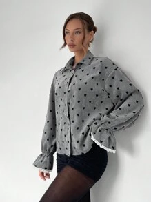SHEIN Essnce Women's Button Front Long Sleeve Casual Shirt With Heart Detail, Minimalist Design - Dark Grey - View 3