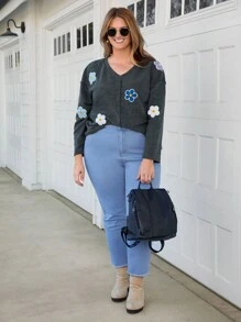 SHEIN LUNE Plus Size Women Casual Floral T-Shirt, Minimalist & Fashionable, For Daily Wear Thanksgiving Plus Size Women New Years