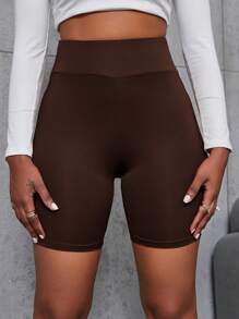 SHEIN Unity Wideband Waist Solid Cycling Shorts - Coffee Brown - View 3