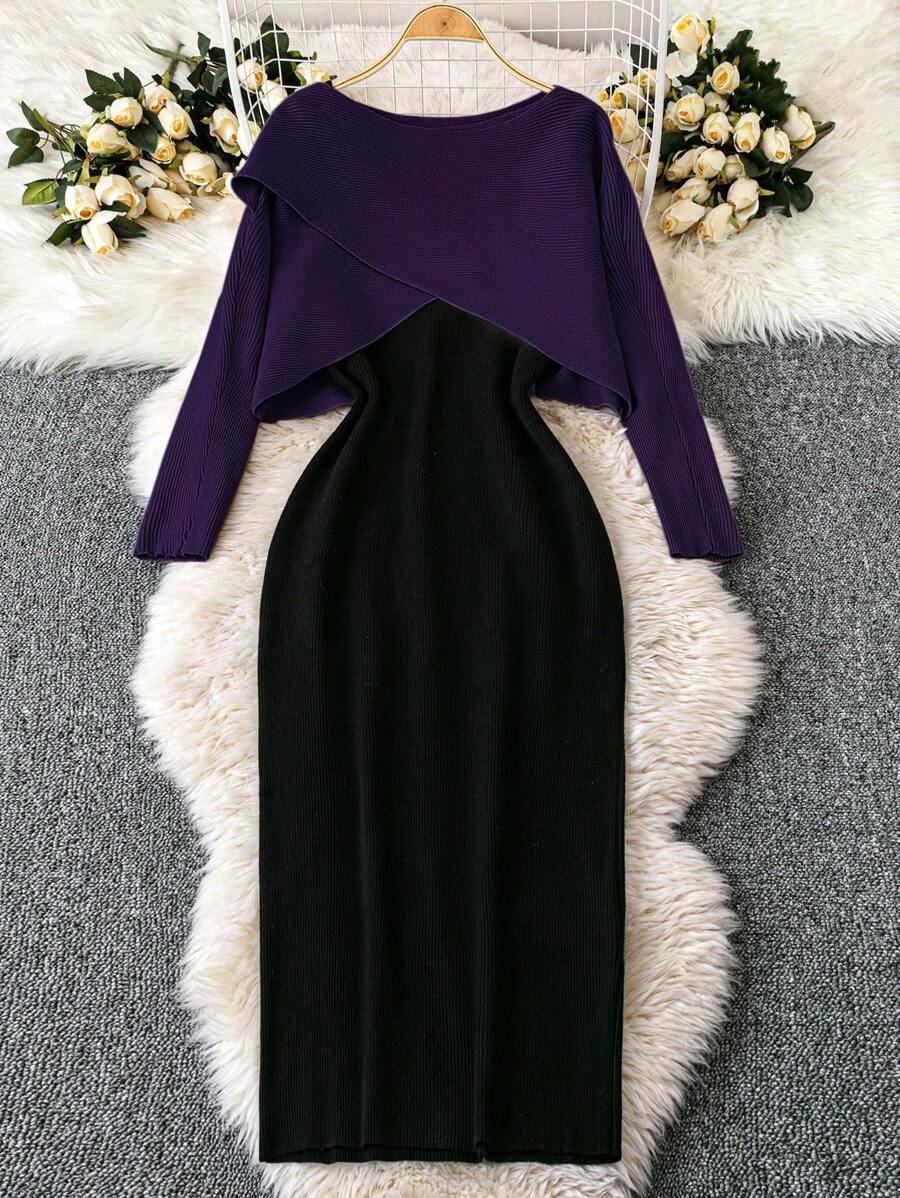 SHEIN Clasi Plus Size Sweater Set - Solid Color Crew Neck Pullover & Skirt - Purple - View 1