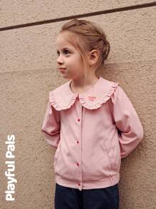 SHEIN 1 Pc Young Girls Coats Ruffle Peter Pan Collar Letter Print Fun Cute/Vintage/Casual/Outings Autumn/Winter/Spring Suitable For School And Outings - Pink - View 7