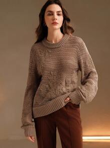 Anewsta Perforated Pattern Knit Casual Oversized Sweater Knit Pullover Fall Winter - Khaki - View 5