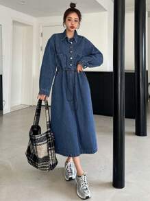 DAZY 女式收腰领衬衫连衣裙搭配牛仔裤 - 中等水洗藍 - 查看 2
