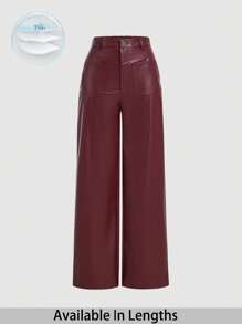 SHEIN Tall CURVE 大码女式复古直筒 PU 皮裤 - 酒紅色 - 查看 1