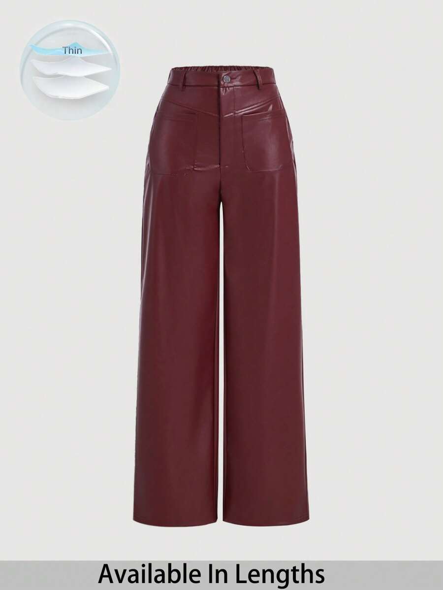 SHEIN Tall CURVE 大码女式复古直筒 PU 皮裤 - 酒紅色 - 查看 1