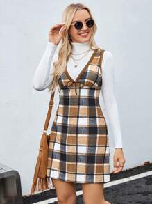 SHEIN LUNE Women's Casual Plaid Sleeveless Short Dress For Autumn