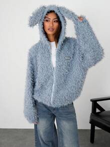 Manfinity VCAY Lion Pattern Loose Fit Hooded Long Sleeve Jacket Outerwear, Baby Blue Going Out Zipper Jacket, Suitable For Autumn/Winter Season, Friends, Husband, Boyfriend Gifts - Baby Blue - View 2