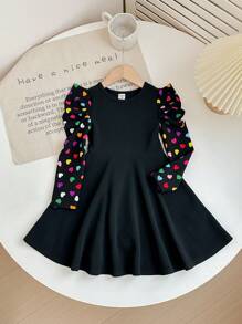 SHEIN Đầm dệt kim cổ tròn tay dài chấm bi nhiều màu Nova Glow cho bé gái - màu đen - Xem 2