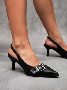 CUCCOO SZL Fashionable Black Double Buckle Sexy Punk Pointed Toe Slingback High Heel Shoes, Suitable For Commute, Date, Party, Holiday Spring Shoes Spring Break Easter Prom Heels - Black - View 4