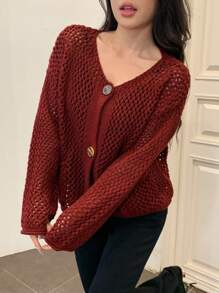 SHEIN MOD Damen einfarbiges Hemd mit Knopfleiste und Perforationen, langärmelig mit Taschen, minimalistischer Stil - Bordeaux - Übersicht 3