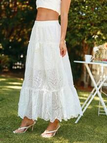 SHEIN VCAY 女式刺繡裙,配有荷葉邊設計 - 白色 - 查看 4