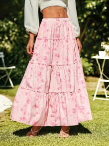 SHEIN VCAY Falda floja tejida con estampado floral de cintura alta para mujeres en vacaciones - Rosa - Ver 6