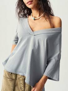 Bohemela Áo thun tay ngắn cổ chữ V màu trơn đơn giản dành cho nữ - Màu xanh Bạc hà - Xem 4