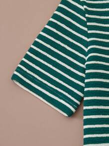 PrepCrw Young Girls Green And White Striped Collared Knit Form-Fitting Short Sleeve T-Shirt, Spring/Autumn - Green - View 5