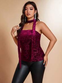 Allurite Plus Size Women's Dark Blue Summer Elegant Night Out Club Flocked Lace Floral Print Camisole Sleeveless Top With Decorative Scarf,Fashion Commuter - Burgundy - View 4