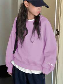 DAZY Tween Girl Round Neck Knit Letter Embroidery Sweatshirt, Tween Girl Fall Clothes - Purple - View 6