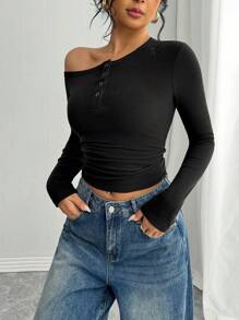 INAWLY Women's Y2K Fitted Sexy One-Shoulder Long Sleeve T-Shirt Fall Cloth For Women