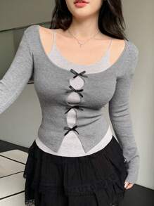 DAZY Damen 2-in-1 Design mit Hohlmuster Figurbetonter Langarm Pullover, Herbstmode für Frauen