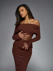 MISSGUIDED Brush Rib Flap Detail Off Shoulder Long Sleeves Top And Bodycon Maxi Skirt Two Piece Co-Ord Set - Coffee Brown - View 3