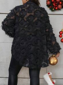 SHEIN LUNE Plus Size Women's Semi-Sheer Feather Fringe Design Laser Cut Chiffon Casual Loose Shirt, Suitable For Party And Outdoor Thanksgiving Women New Years Going Out , Vacations Woman, Party