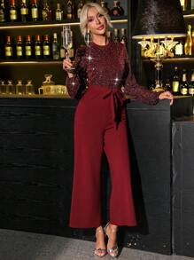 SHEIN Clasi 女士闪亮立领灯笼袖圣诞宽腿连体裤，适合秋冬季派对 - 酒紅色 - 查看 7