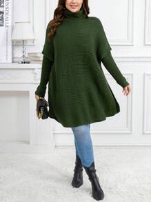 SHEIN LUNE 女士加大码宽松立领落肩长袖套头毛衣针织衫秋冬款 - 綠色 - 查看 5