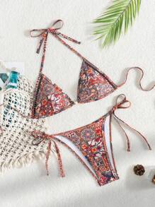 Beach Outfits For Women Bohemian Paisley Patchwork Color Block Triangle Halter Retro Style Bikini Set For Summer Beach Vacation - Multicolor - View 3