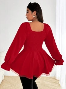 Flirla Plus Size Spring/Autumn Red Vintage Romantic Elegant Cute Loose Vacation Valentine's Day Christmas Open Front Flare Collar Splice Ruffle Trim Long Sleeve Shirt For New Year Clothes - Red - View 2