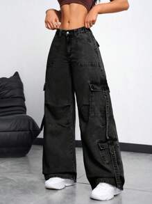 SHEIN EZwear Damen Lässig Weite Bein Cargo Jeans mit Wasserwäsche