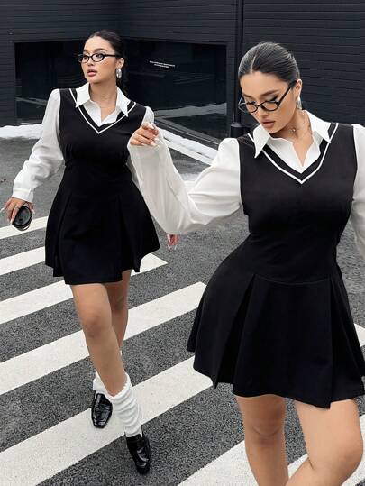 POPSWAY Plus Size Women College Style Collared Puff Sleeve With A-Line Waisted Dress Fall Cloth For Women