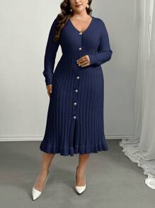 SHEIN Privé Plus Size Women V-Neck Ruffle Trim Knit Dress, New Apricot Color For Autumn/Winter - Navy Blue - View 6