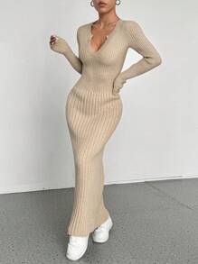 Flirla Casual Women Versatile Long Knit Sweater Dress Fall Cloth For Women - Khaki - View 6