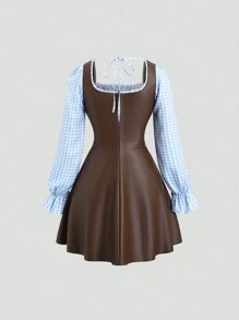 Sweetra Retro Blue Plaid Patchwork PU Long Sleeve Regular Fit Dress For Women, Spring & Autumn - Multicolor - View 2