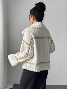 SHEIN Privé Women's Casual Elegant Warm Beige Fluffy Motorcycle Teddy Jacket, Regular Fit, Autumn/Winter
