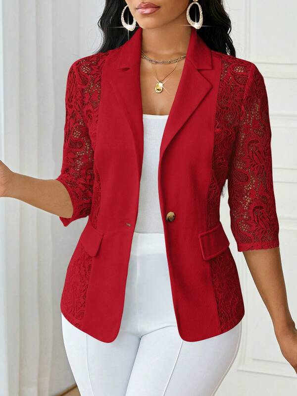 SHEIN Lady Plus Size Casual Elegant Contrast Lace Single-Breasted Jacket, Autumn