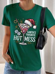 INAWLY Women's Casual Round Neck Short Sleeve T-Shirt With Christmas Wine Glass And Letter Print, Graphic Tees, Women Holiday Tops
