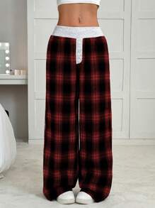 SHEIN EZwear Pantalones anchos de cintura baja de color block a cuadros informales