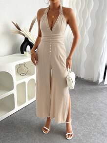 Chiquease Mujeres mono de tirantes unicolor de color con espalda descubierta y cuello halter con lazo - Caqui - Ver 4