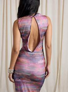 AiiRZ High Neck Watercolor Print Mesh Maxi Dress Floor Length Body-Hugging Evening Gown Party Special Occasion Form-Fitting Sleeveless Elegant Design - Multicolor - View 3