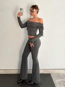 EgrlEra 女士露肩抽绳长袖露肩上衣和低腰裤套装，Y2K 两件套西装，秋季 Y2K 服装 - 深灰色 - 查看 4