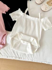 SHEIN LMoss Kids 3pcs Newborn Baby Girls' Casual Cute Simple Solid Color Off-Shoulder Short Sleeve Bodysuit, Buy 1 Get 3, Summer Clothes - Beige - View 5