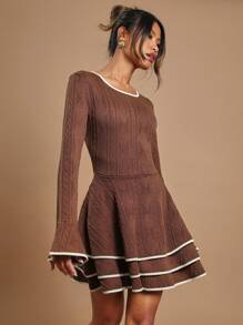 COSMINA 女式休闲拼布饰边分层下摆复古风格优雅连衣裙，秋冬款 - 棕色 - 查看 6