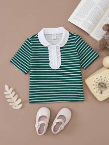 PrepCrw Young Girls Green And White Striped Collared Knit Form-Fitting Short Sleeve T-Shirt, Spring/Autumn - Green - View 1