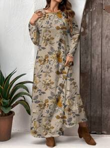 EMERY ROSE Vestido maxi de Body ceñido de estilo vintage con estampado floral de manga larga, adecuado para otoño/invierno - Multicolor - Ver 1