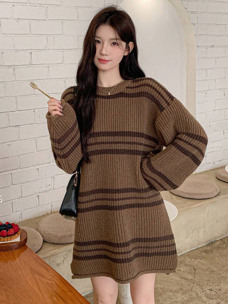 Women's Round Neck Long Sleeve Simple Casual Striped Short Sweater Dress,Fall Clothes