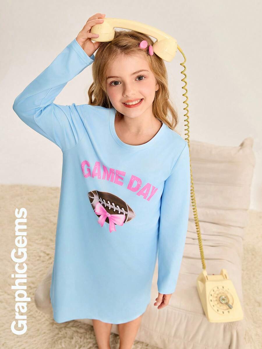 Tween Girl Round Neck Long Sleeve Letter Print Casual Loungewear - Baby Blue - View 1