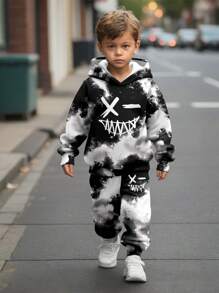 SHEIN 2 件套青少年男孩休闲扎染字母图案连帽衫和运动裤套装，秋冬 - 彩色 - 查看 1