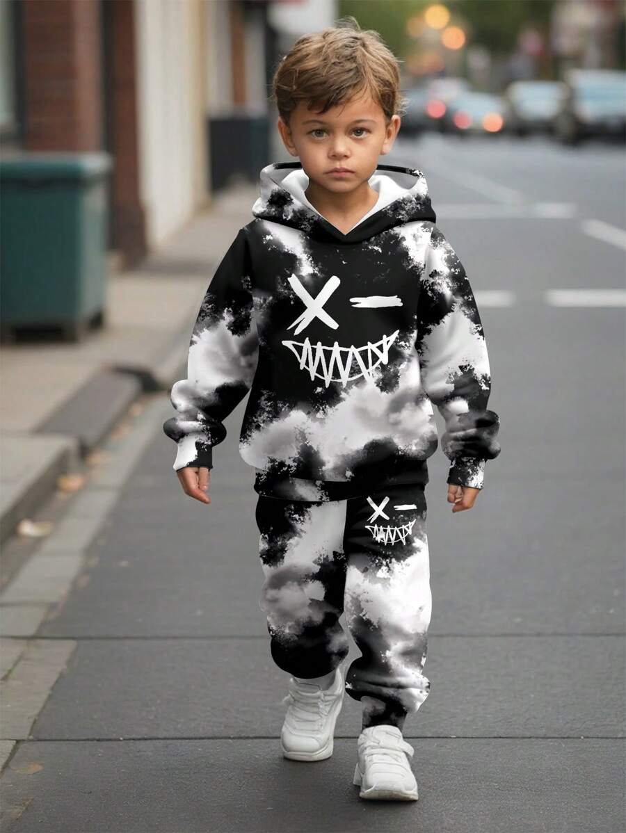 SHEIN 2 件套青少年男孩休闲扎染字母图案连帽衫和运动裤套装，秋冬 - 彩色 - 查看 1