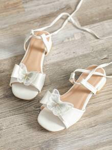 Girls White Sandals, Children High Heel Sandals, Butterfly Flower Formal Shoes, Kids Lace-Up Sandals, Summer