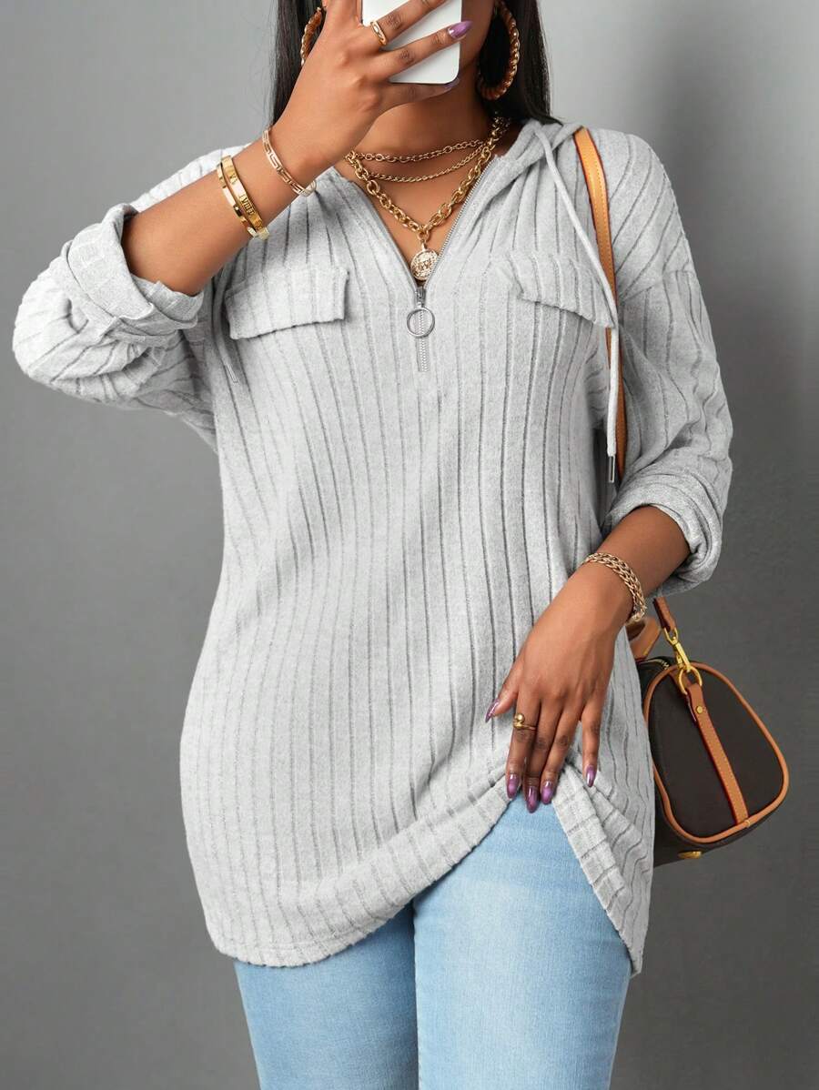 Slaydiva 女士休闲宽松连帽半拉链金属装饰罗纹套头 T 恤，秋冬 - 灰色 - 查看 1